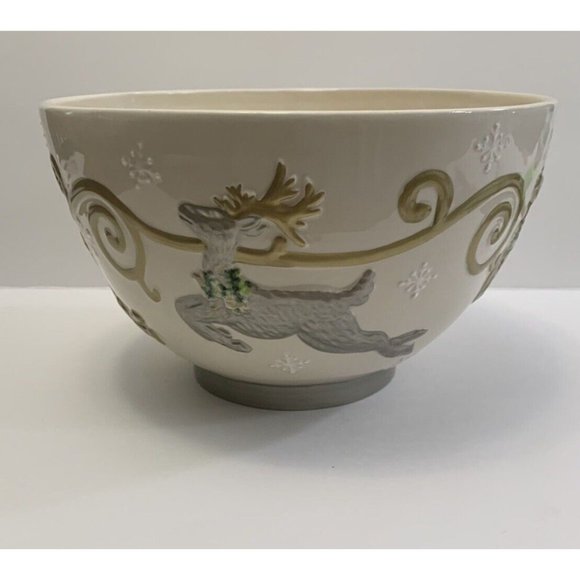 Cheryl & Company Holiday Serving Bowl Embossed Gold Silver Reindeer Snowflakes - Picture 2 of 9
